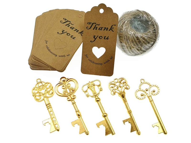 ALIMITOPIA 50pcs Skeleton Key Bottle Opener Bridal Shower Wedding Party Favor Souvenir Gift with Escort Tag and Jute Rope(Gold Tone) - Image 2